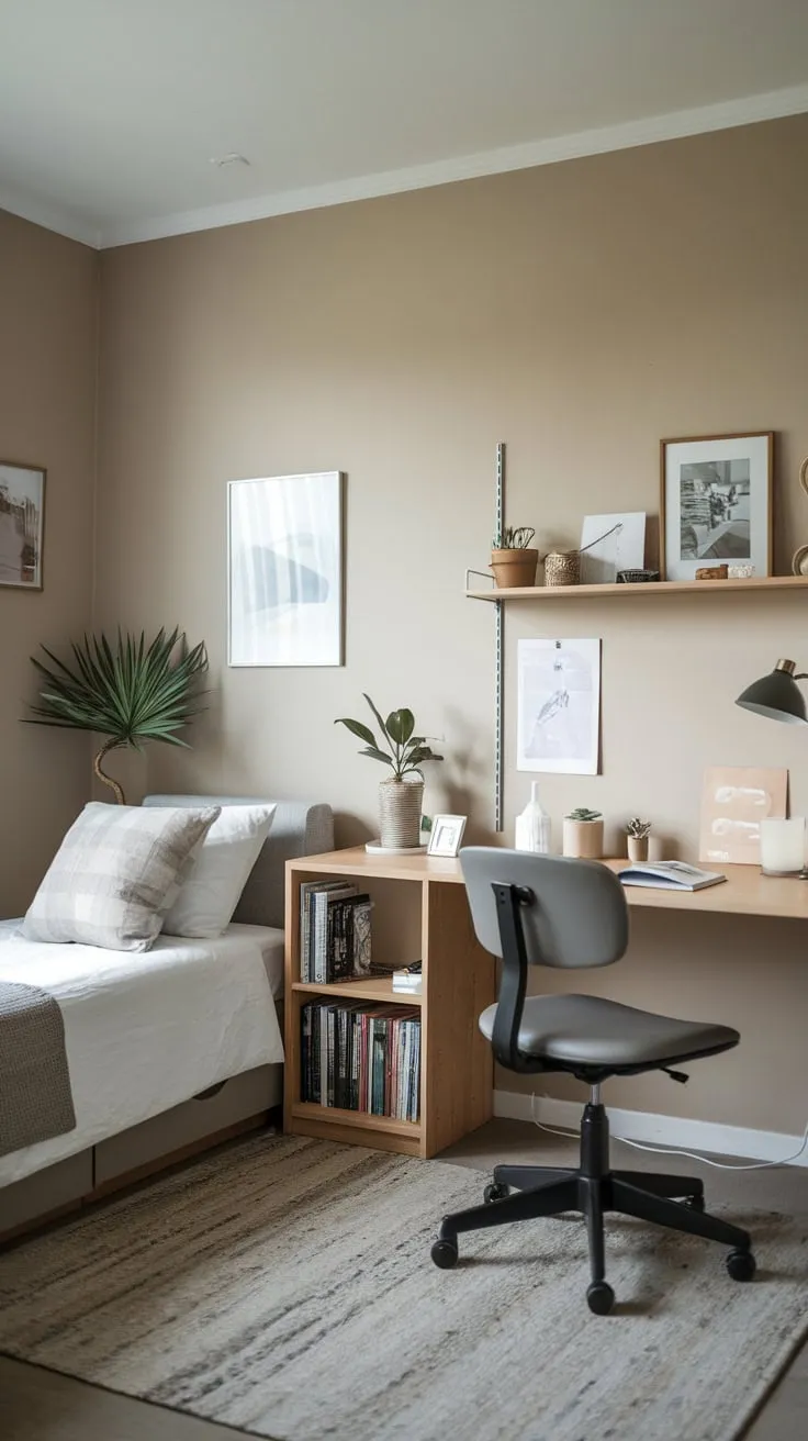 A minimalist apartment seamlessly blends a twin bed and workspace, creating a functional guest room office combo.