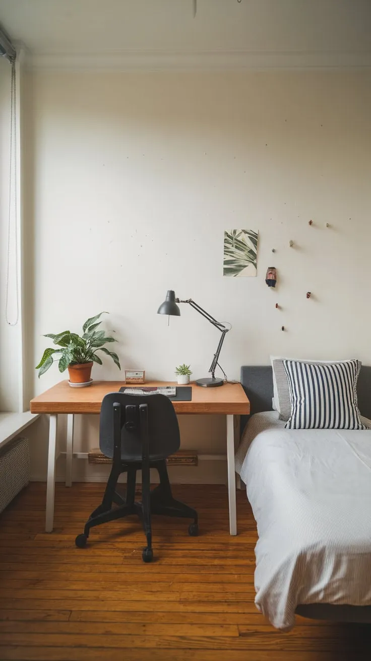 Maximize space with a compact guest room office featuring a twin bed, desk, and minimal décor in a bright apartment.