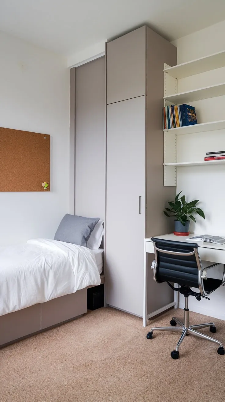 Compact and chic, this guest room office combo maximizes space with a twin bed, workspace, and tasteful minimalist decor.