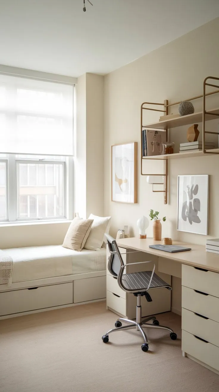 A serene minimalist apartment space seamlessly blends a twin bed and workspace, maximizing functionality and natural light.