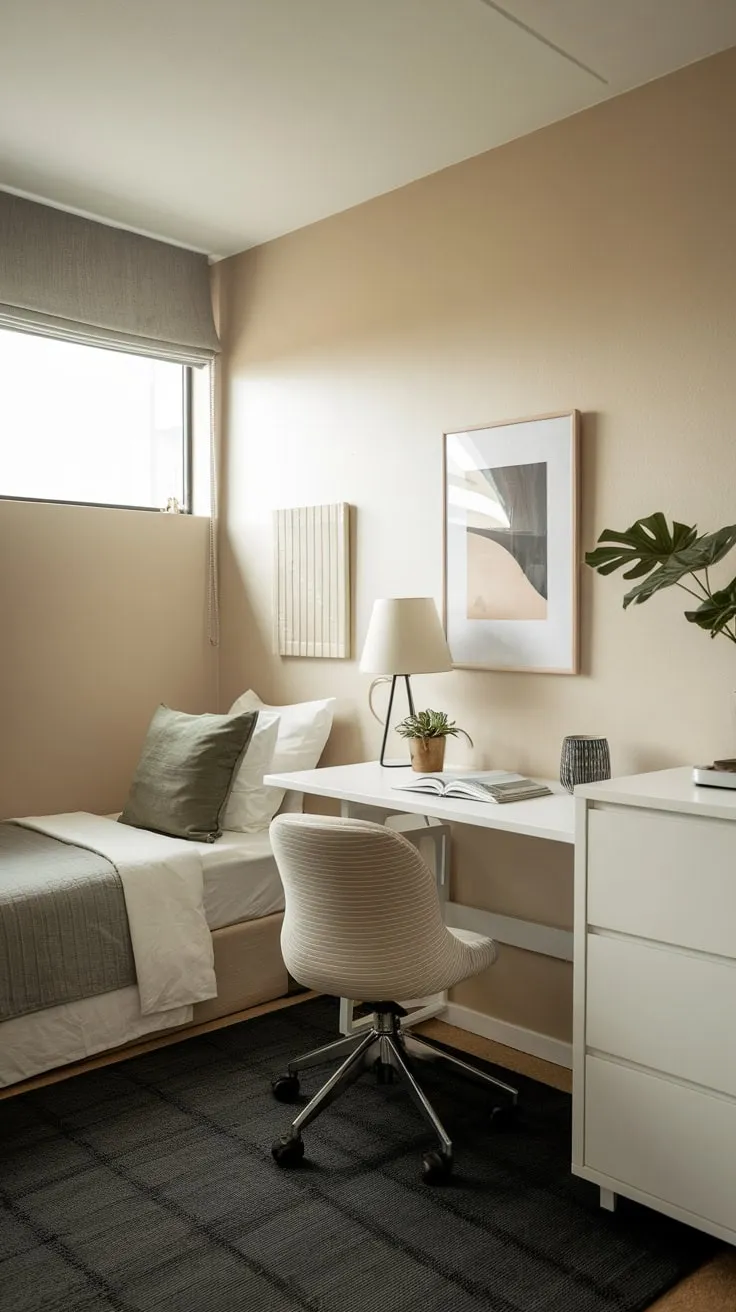 A minimalist beige guest room seamlessly blends a twin bed and a workspace with a desk lamp, plant, and books, perfect for guests needing a productive stay