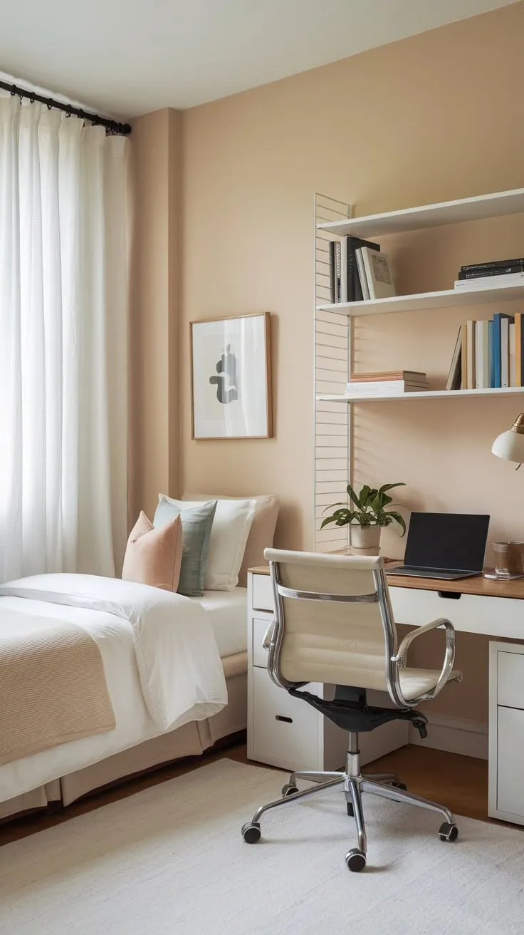 A calming minimalist space effortlessly combines a twin bed and a small home office, perfect for guests needing both relaxation and a workspace.