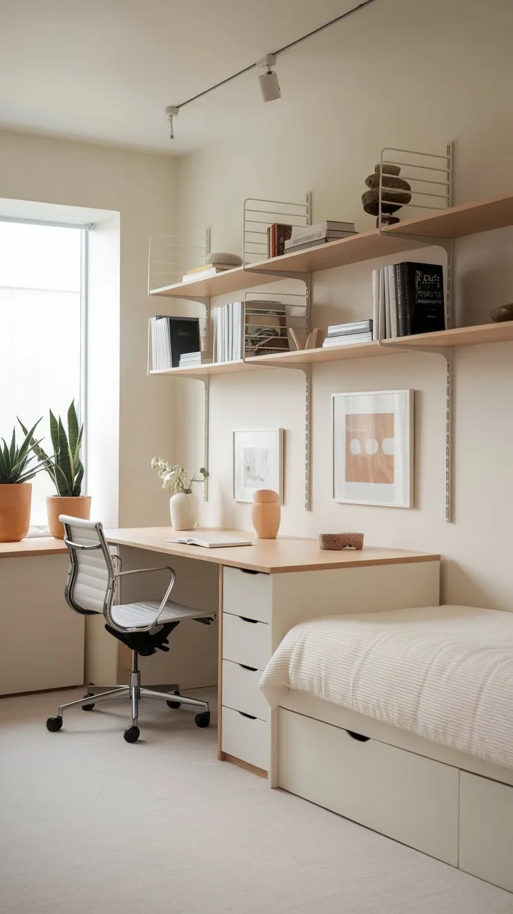 A calming, light-wood and white guest room office features a twin bed, desk, and shelving for a functional yet stylish space.