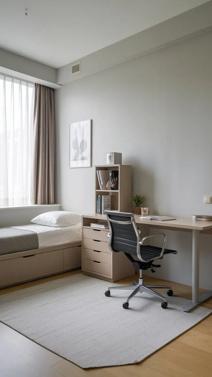 A light gray apartment boasts a minimalist guest room office combo featuring a twin bed, desk, and bookshelf, maximizing space and style.