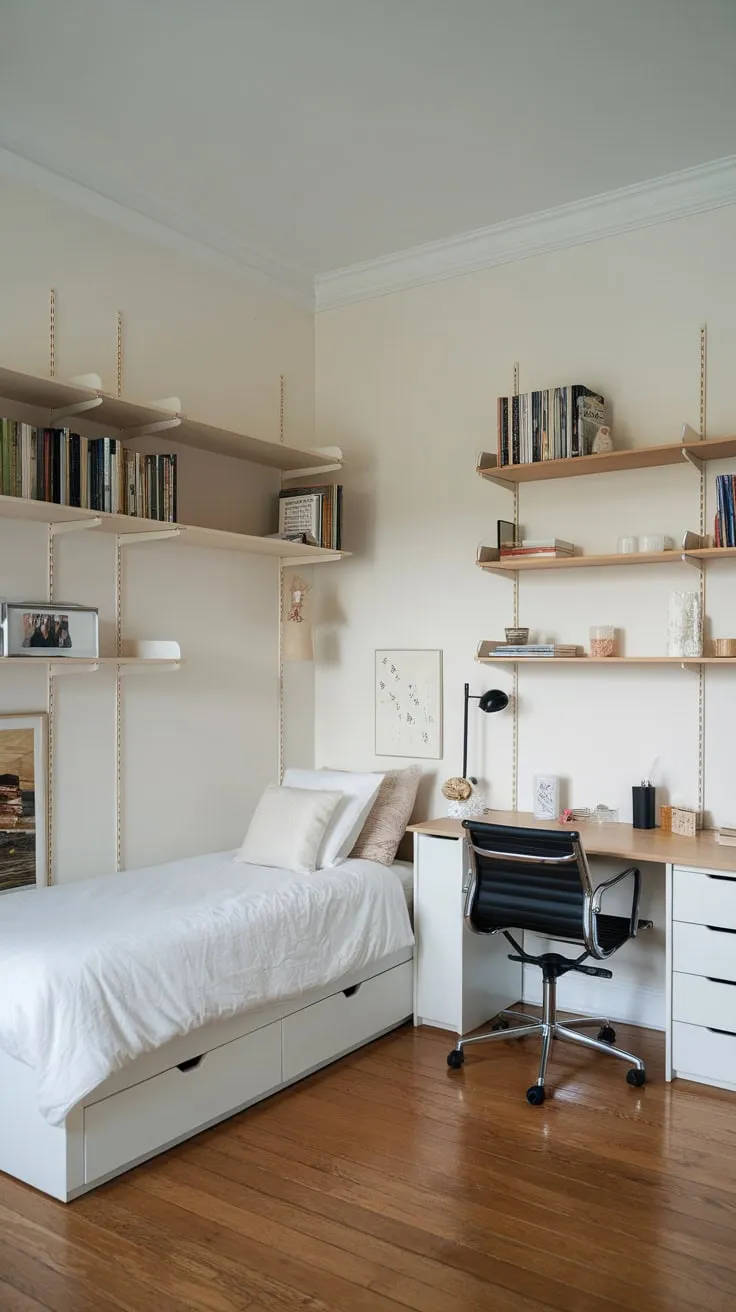 A small apartment cleverly combines a guest room and home office, using a twin bed, desk, and bookshelves in a space-saving, minimalist design.