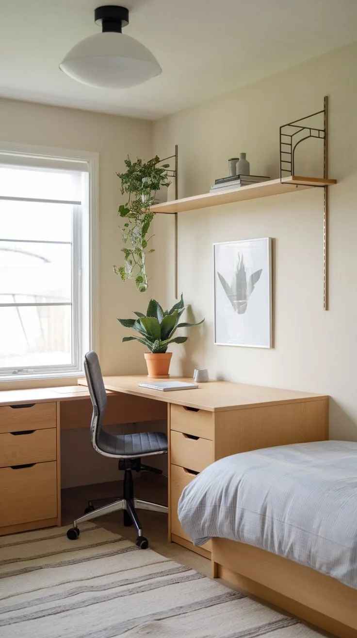A light and airy guest room office combines functionality and minimalist design, featuring a twin bed and a well-equipped desk area.