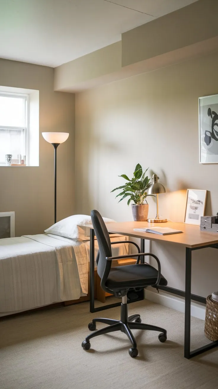 A minimalist basement guest room seamlessly blends a twin bed with a functional workspace, maximizing space and style.