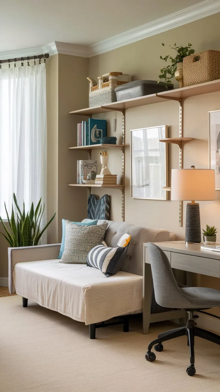 A beige-walled spare bedroom transforms into a versatile guest room playroom combo, featuring a futon, desk, bookshelf, and cozy plant.