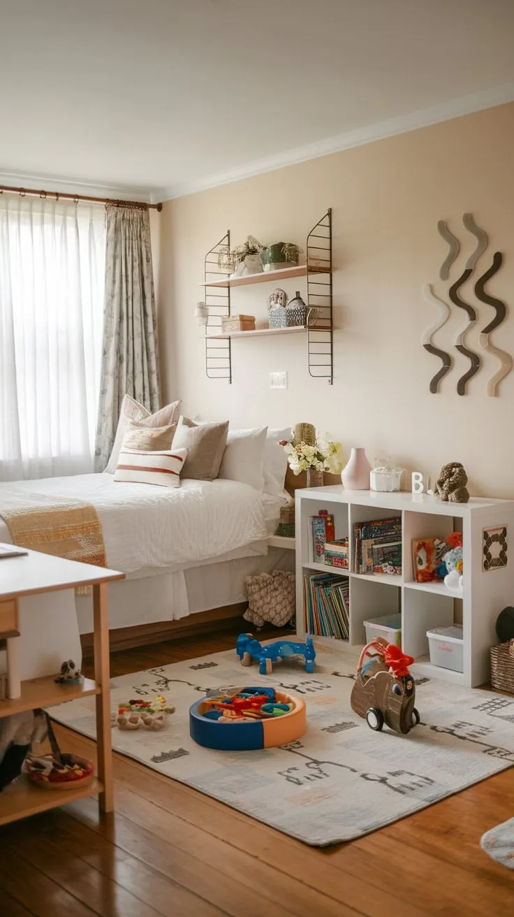 A versatile guest room seamlessly blends adult comfort with a dedicated child's play area, featuring a queen bed, desk, and playful rug