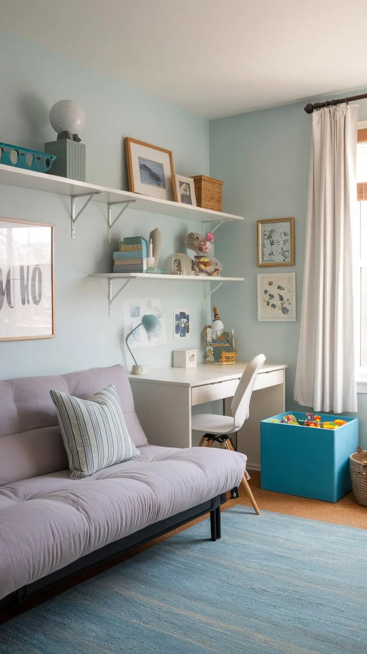 A multifunctional spare room seamlessly blends guest sleeping space and a playful environment for children using a futon bed, desk, and toy storage.