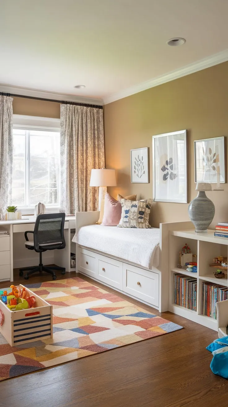 A versatile beige guest room seamlessly blends adult comfort with a child's playful haven, featuring a daybed, desk, and dedicated play area.
