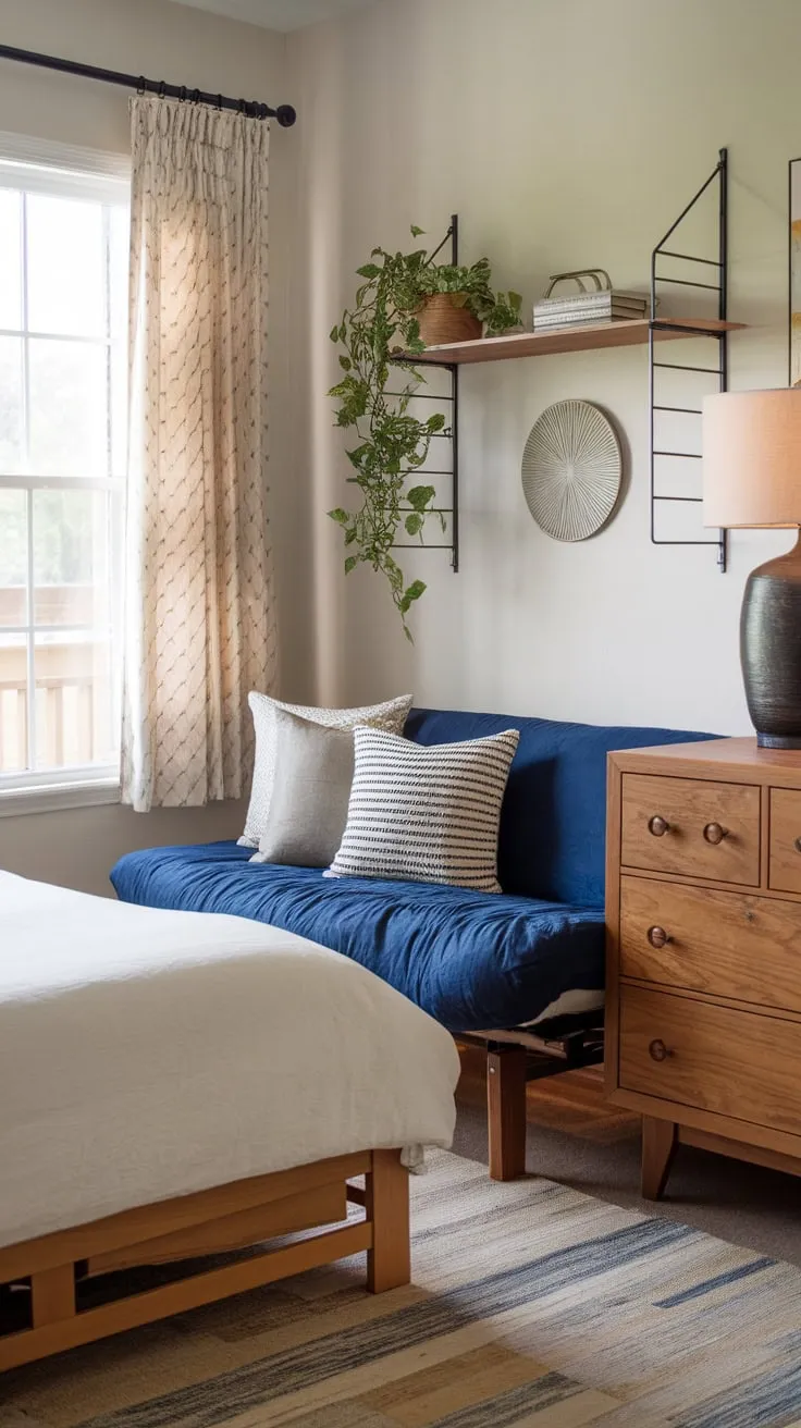 A cozy small den transforms into a versatile guest room and playroom, cleverly combining a box spring bed, futon, and charming décor.