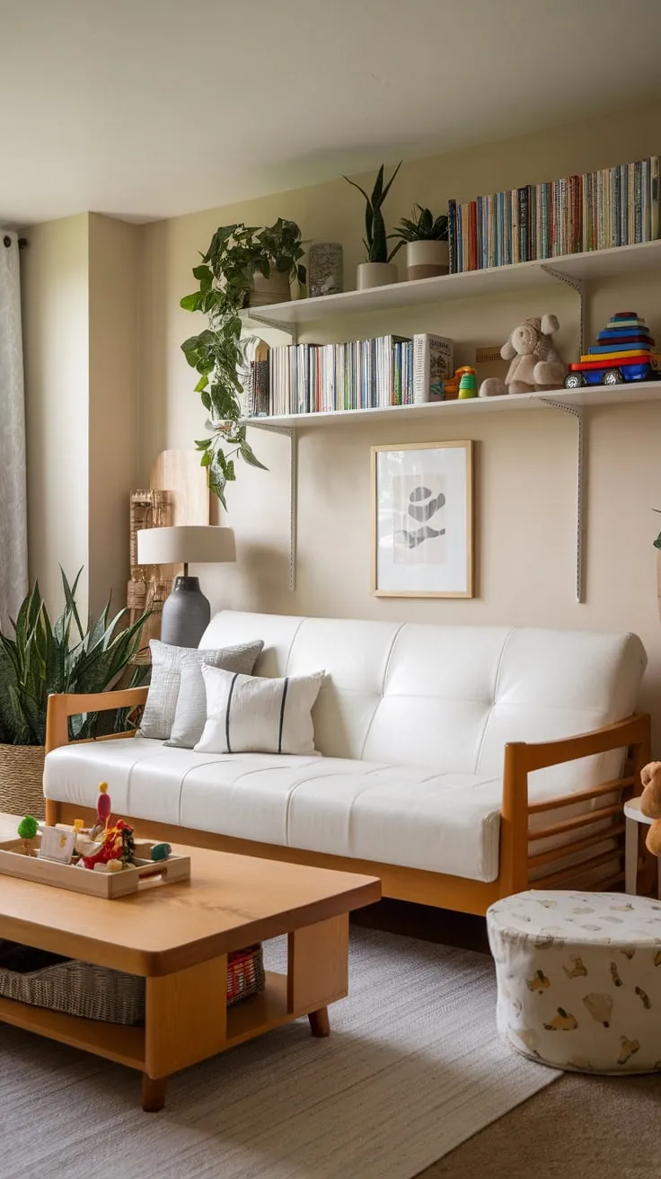 A beige-walled haven seamlessly blends guest room comfort with playful child-friendly space, featuring a futon, toys, and books