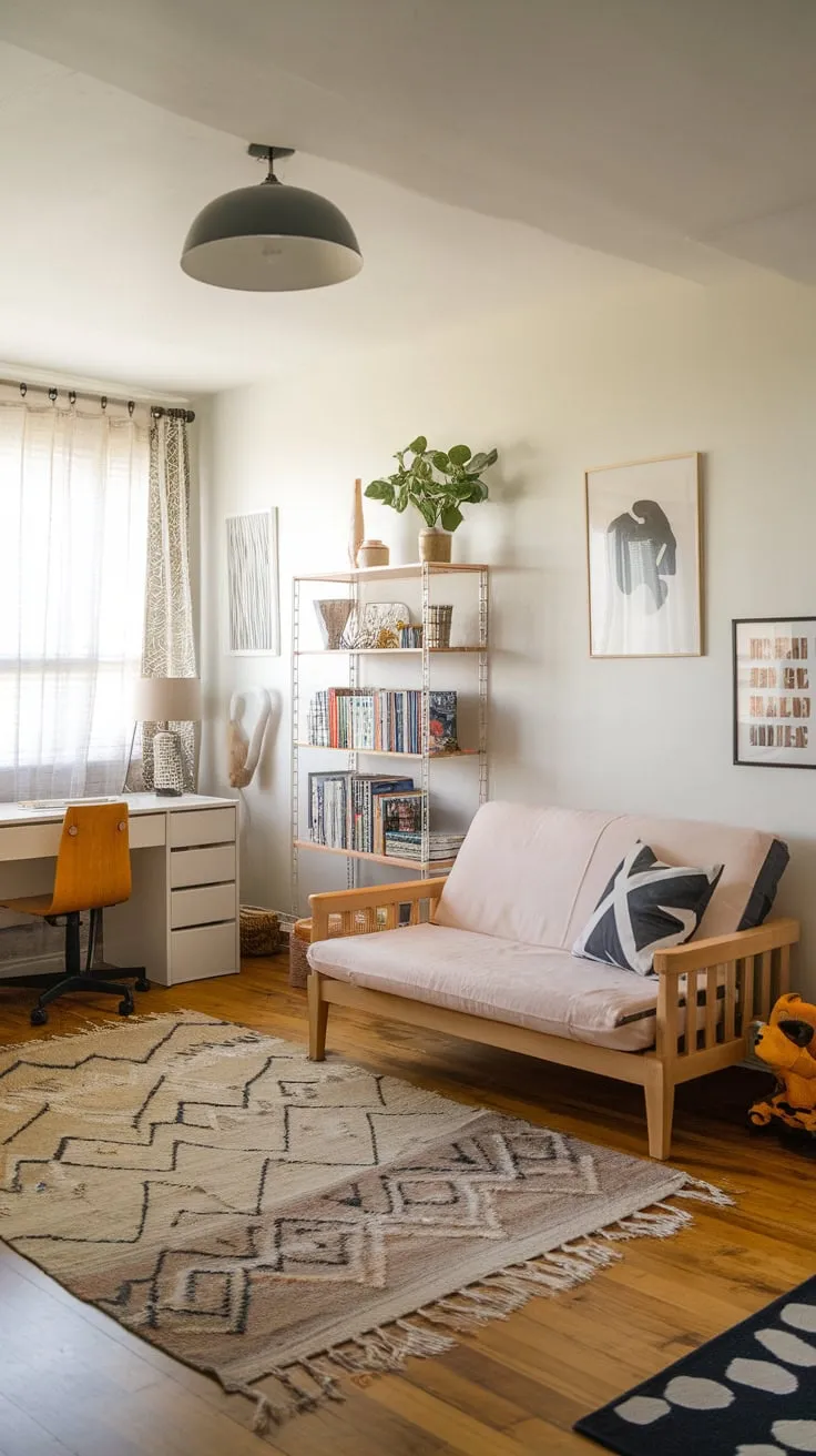 A spare bedroom cleverly combines guest accommodations and a playful kids' space with a futon, desk, and bookshelf creating a welcoming and functional room.