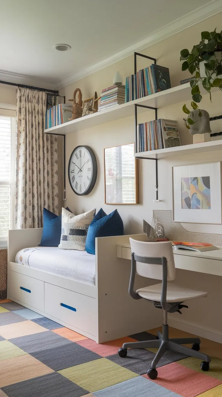 A versatile guest room transforms into a playful haven with a daybed, workspace, and cheerful decor.
