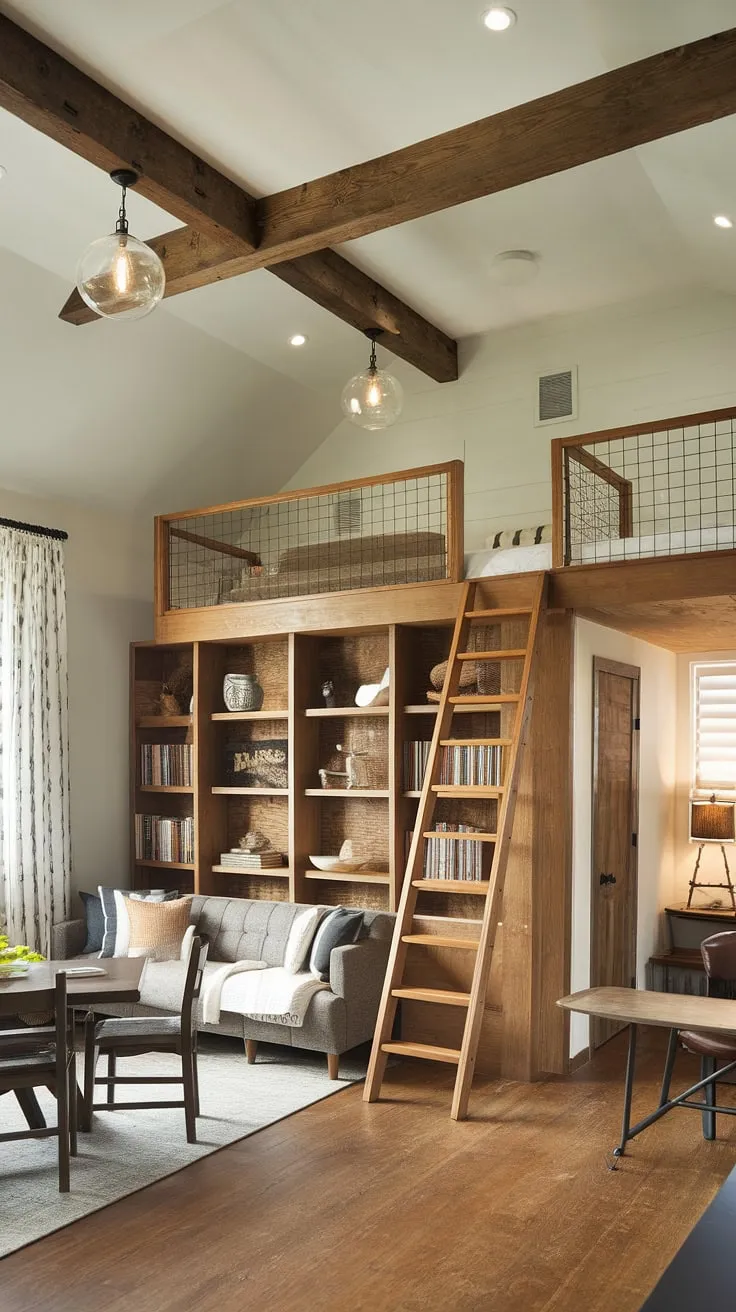 This rustic guest room playroom combo offers the perfect blend of comfort and fun.  The loft bed, accessed by a charming wooden ladder, maximizes space, while the futon provides extra sleeping arrangements for family visits.  Clever spare bedroom with futon ideas create a versatile space ideal for both guests and playtime. This small den guest room combo showcases smart spare room interior design, transforming a box room guest room into a multi-functional haven.  Office day bed guest bedrooms are reimagined here, proving that even a limited space can be both stylish and practical.  Guest bedroom playroom combo ideas don't get much better than this!