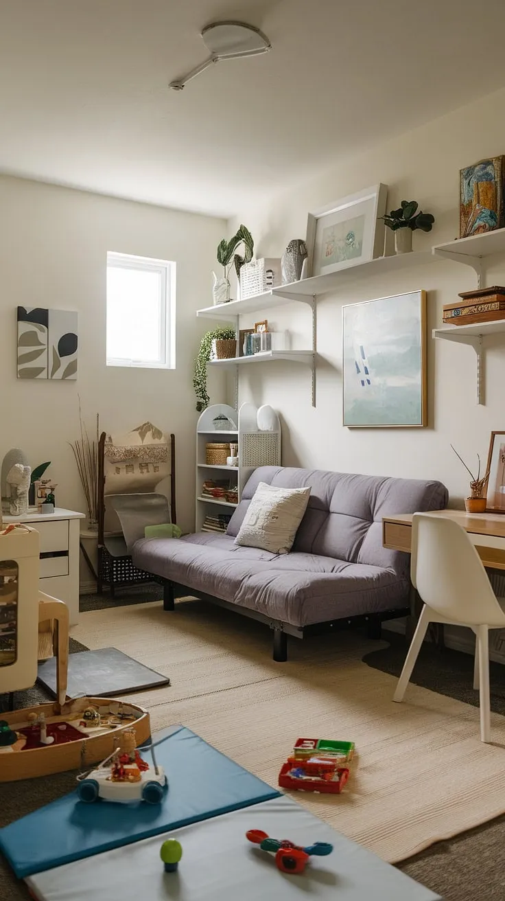 This spare bedroom transformation proves that small spaces can be mighty!  Our guest room playroom combo cleverly combines functionality and fun.  The futon provides comfy sleeping for guests, while the desk area offers a quiet workspace.  Perfect for family visits, this spare room interior design showcases smart solutions for a guest room for family, incorporating office day bed guest bedrooms and guest bedroom playroom combo ideas into one stylish space.  With clever storage and a playful touch, this small den guest room combo is a testament to multipurpose guest bedroom ideas and offers inspiration for spare bedroom with futon ideas, even in a box room guest room.