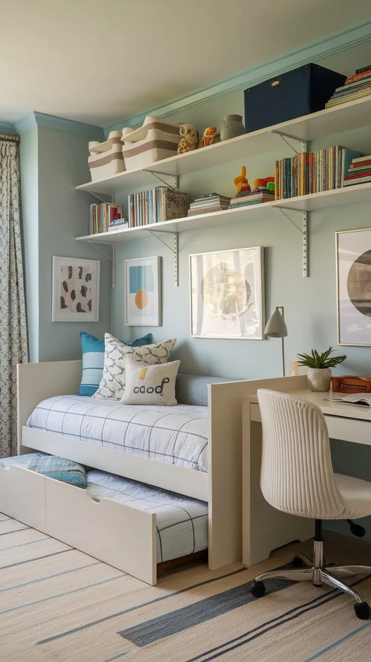 A versatile guest room transforms into a child's playroom thanks to a daybed, trundle, and built-in storage for toys and books.