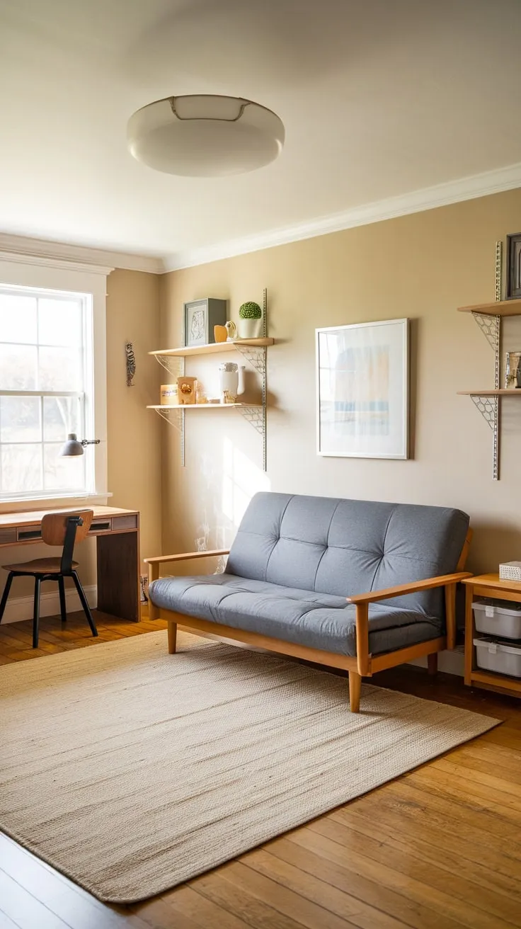 A cozy and functional space seamlessly blends guest accommodations with a child's imaginative play area thanks to a clever futon design.