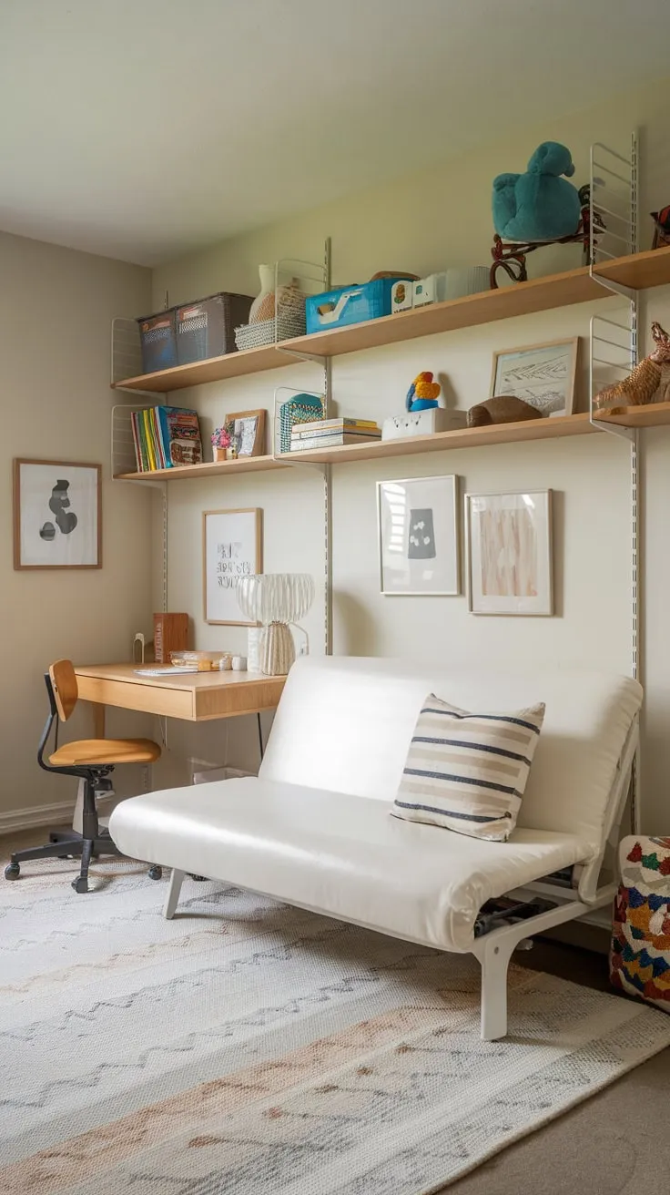 A versatile guest room transforms into a playful haven with a futon bed, toy shelves, and a small desk, perfect for both overnight stays and imaginative playtime.