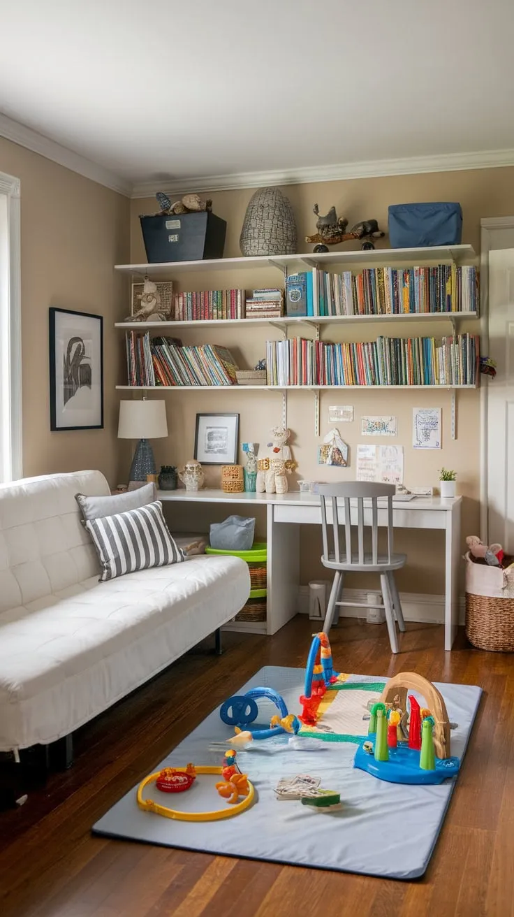 A beige-walled room seamlessly blends guest accommodations with a child's playful haven, featuring a futon, desk, bookshelf brimming with books and toys, and a play mat.