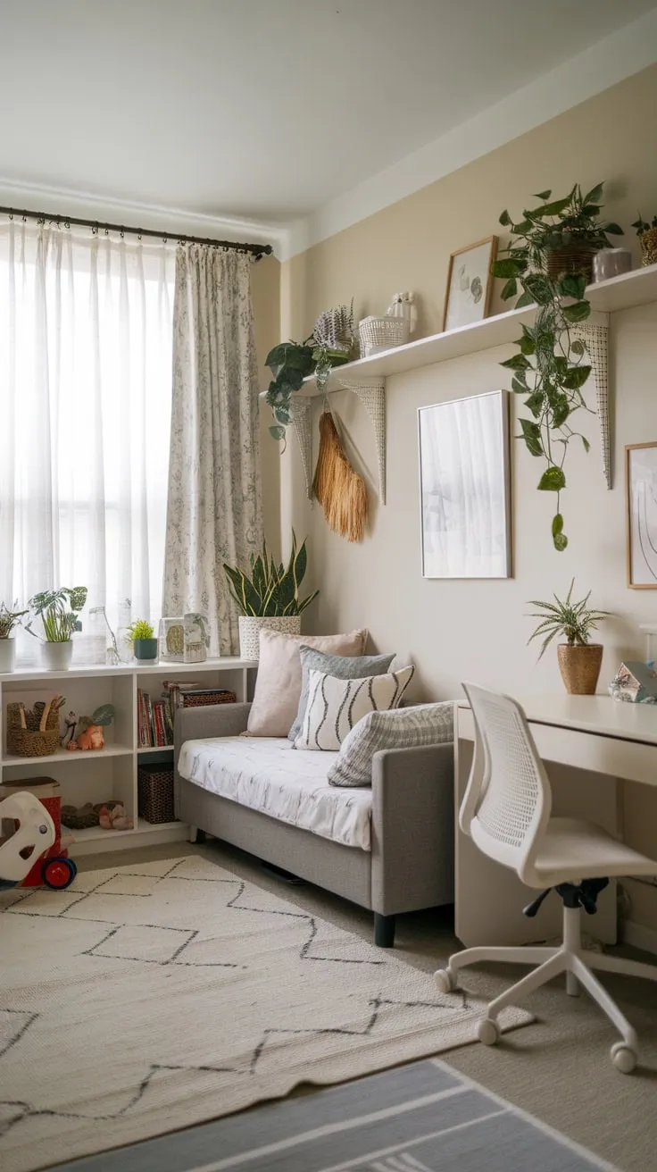 Transform your spare room into a functional and fun guest room playroom combo with a cozy couch bed, dedicated workspace, and playful accents.