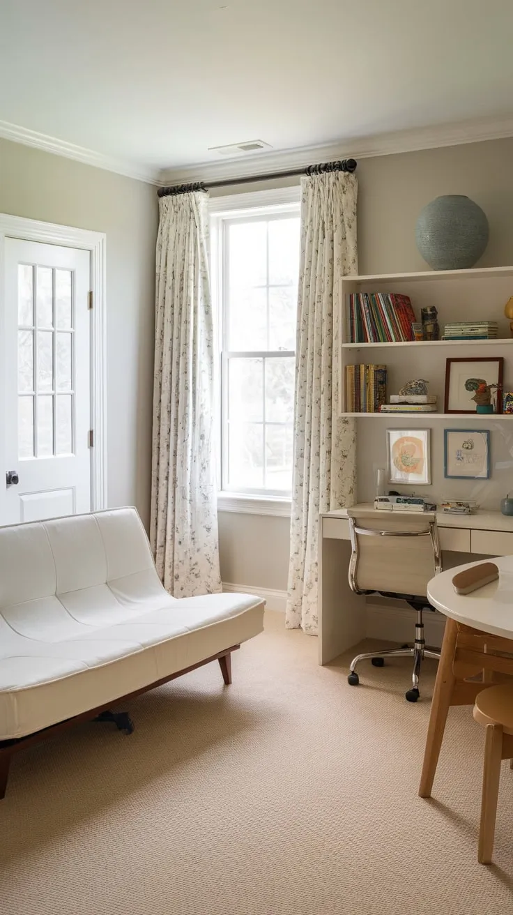 Light gray walls and beige carpet create a calming backdrop for this multi-functional guest room playroom.