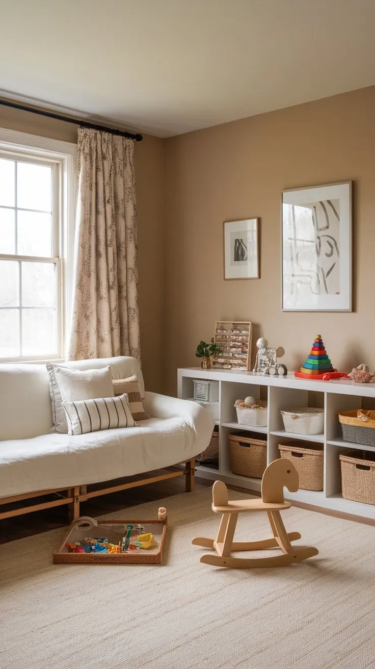 A versatile guest room seamlessly blends comfort and childhood fun, featuring a white futon, toy storage, and a charming rocking horse in a calming beige space.