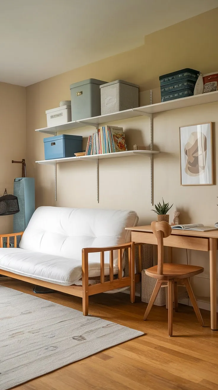 This versatile guest room playroom combo proves that small spaces can be big on style and functionality.  Clever storage solutions and a comfy futon create a welcoming space for guests and a fun play area, all within a chic spare bedroom with futon ideas design. Perfect for families needing a multi-purpose room, this spare room interior design showcases how a room ideas couch bed can transform a box room guest room into a haven.  Office day bed guest bedrooms are reimagined here, offering a blend of work and relaxation.  Guest bedroom playroom combo ideas don't get much better than this small den guest room combo, a true example of guest bedroom ideas multipurpose.