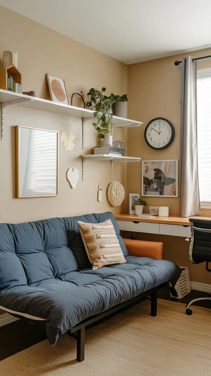 This cozy guest room playroom combo maximizes space with a versatile futon, proving that even a small den guest room combo can be stylish and functional.  Clever spare room interior design ideas like this make the most of a spare bedroom with futon ideas, creating a welcoming space for family or guests while offering a dedicated office day bed guest bedrooms area.