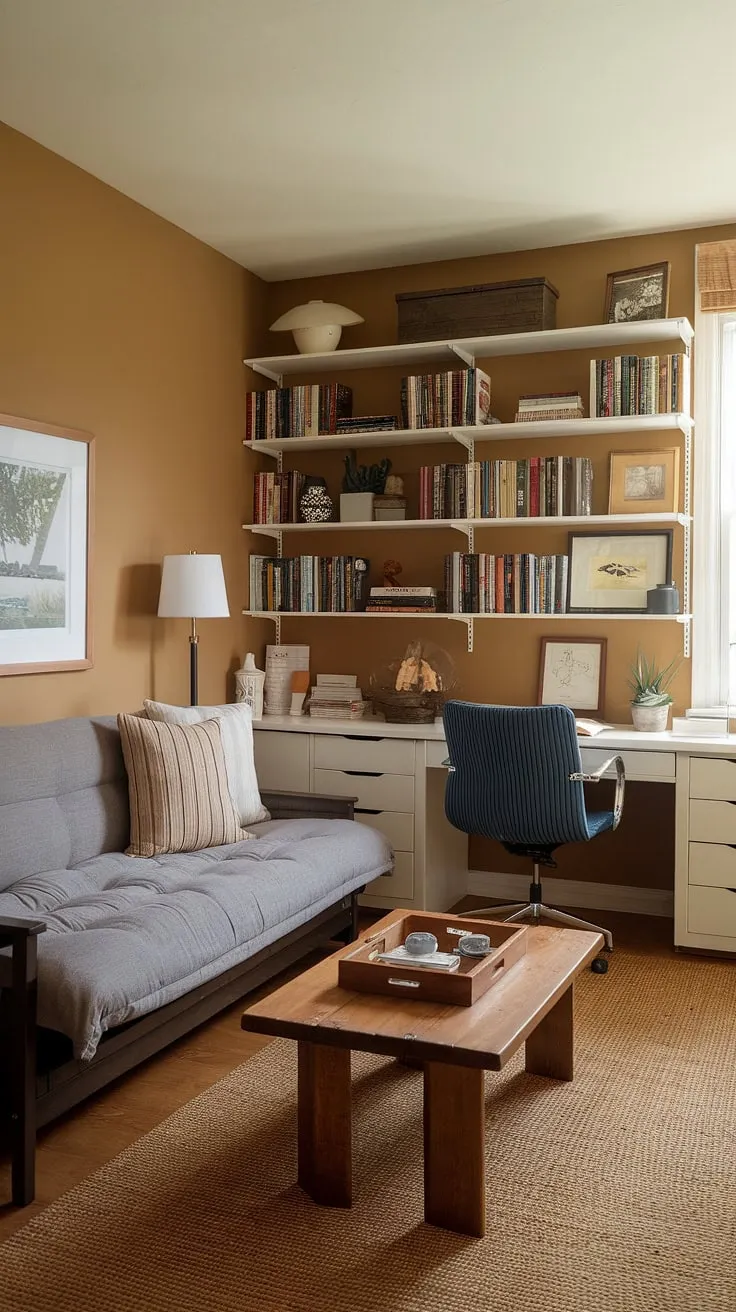 This small den and guest room combo proves that maximizing space doesn't mean sacrificing style.  The futon offers flexible sleeping arrangements for guests or family, while the desk and bookshelf create a functional workspace and display area. Perfect examples of spare bedroom with futon ideas and guest room for family solutions, this room showcases clever spare room interior design, transforming a box room guest room into a versatile and inviting space.  It's a brilliant guest room playroom combo, offering room ideas couch bed solutions for those seeking office day bed guest bedrooms or guest bedroom playroom combo ideas.