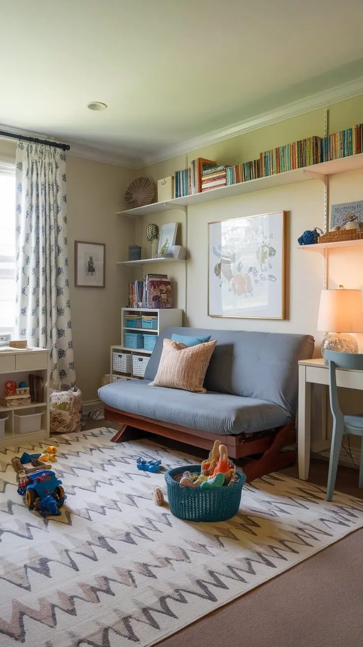 A versatile guest room cleverly combines sleeping space with a playful area for children, featuring a futon, desk, bookshelf, and scattered toys.
