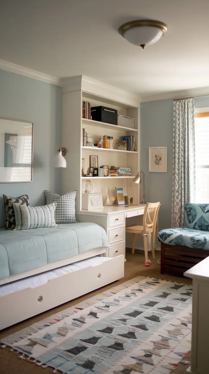Transform a single room into a versatile guest and play space with a daybed, futon, desk, and bookshelves in a calming light blue setting.