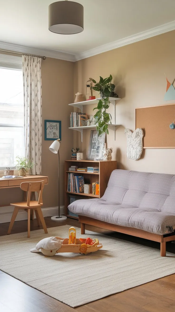 A cozy guest room cleverly combines functionality and fun, offering a comfortable sleeping space and a dedicated play area for kids.