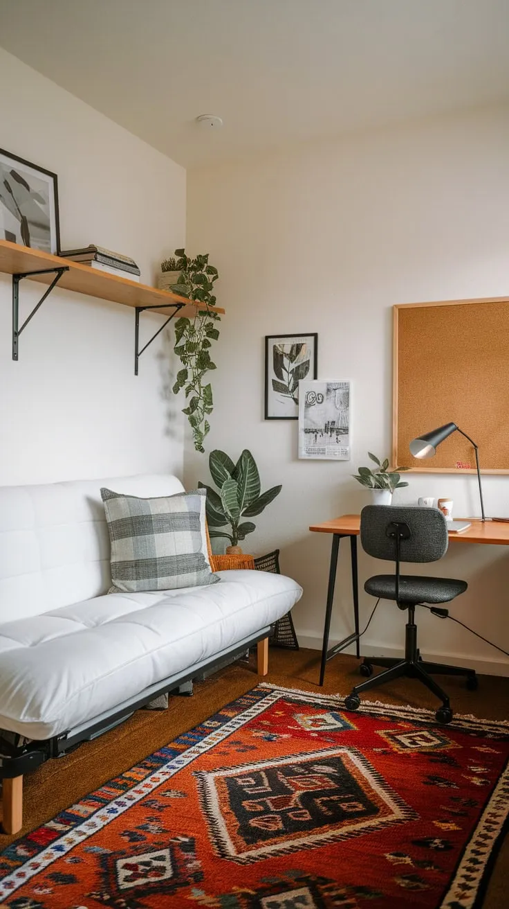 Transform a compact den into a versatile guest room and play area using a futon bed and dedicated workspace.