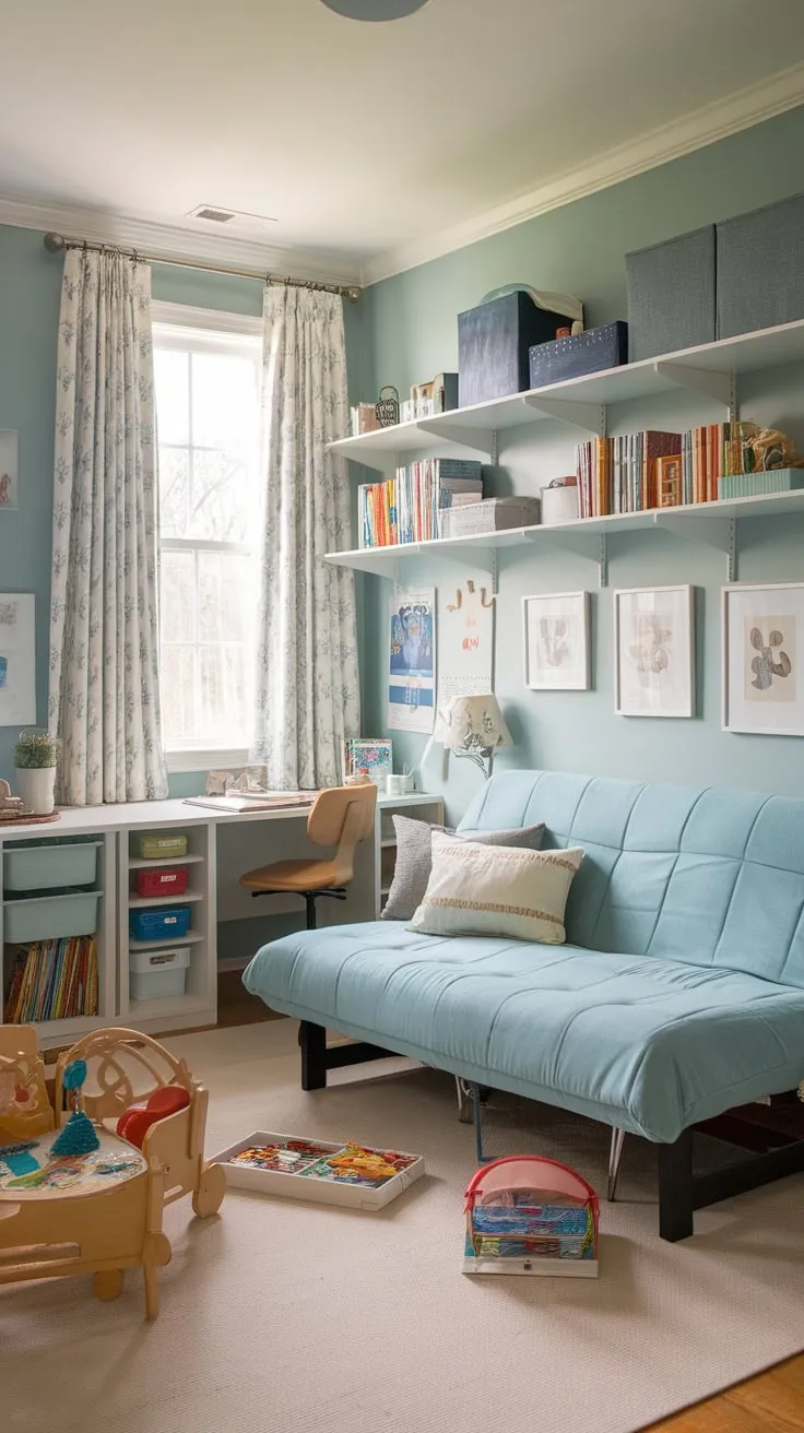 A soft blue guest room cleverly combines sleeping space with a child's playful haven, featuring a futon, desk, shelves, and a delightful scattering of toys and books