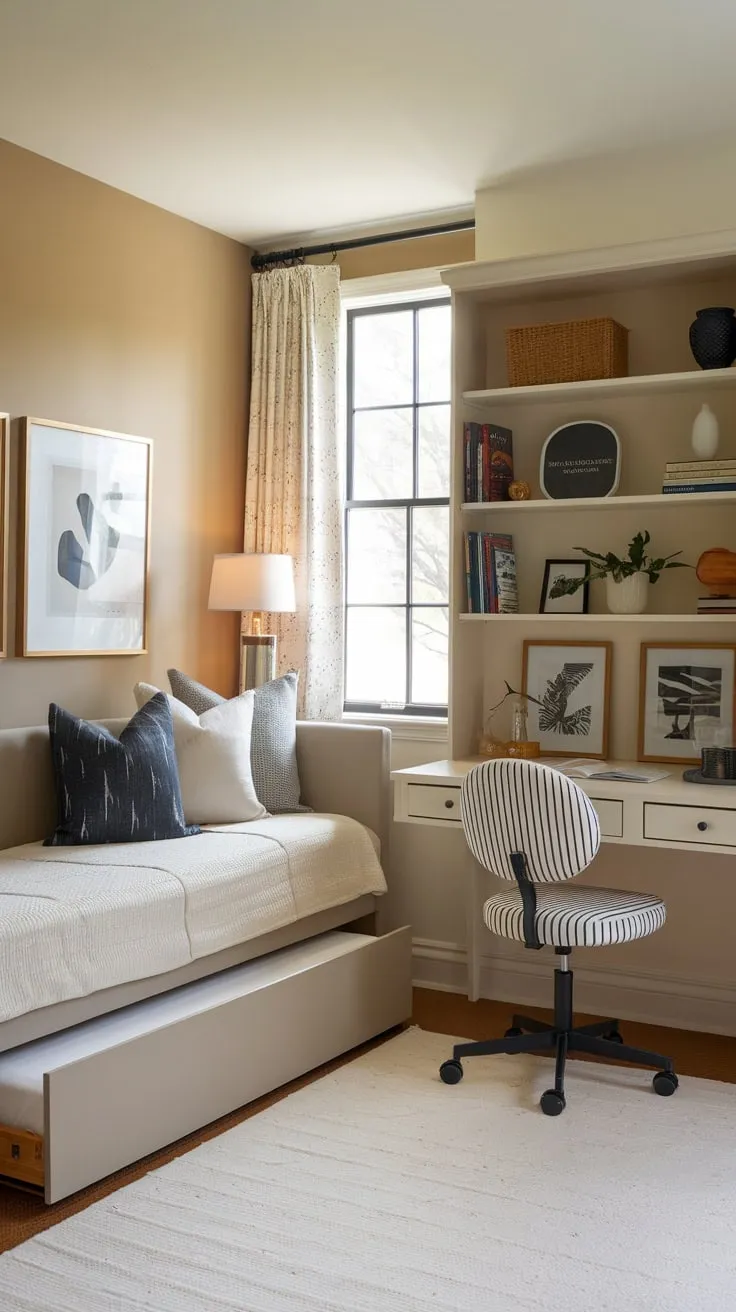 This small space cleverly combines a guest room and play area, featuring a daybed, desk, and bookshelves in a calming beige setting.