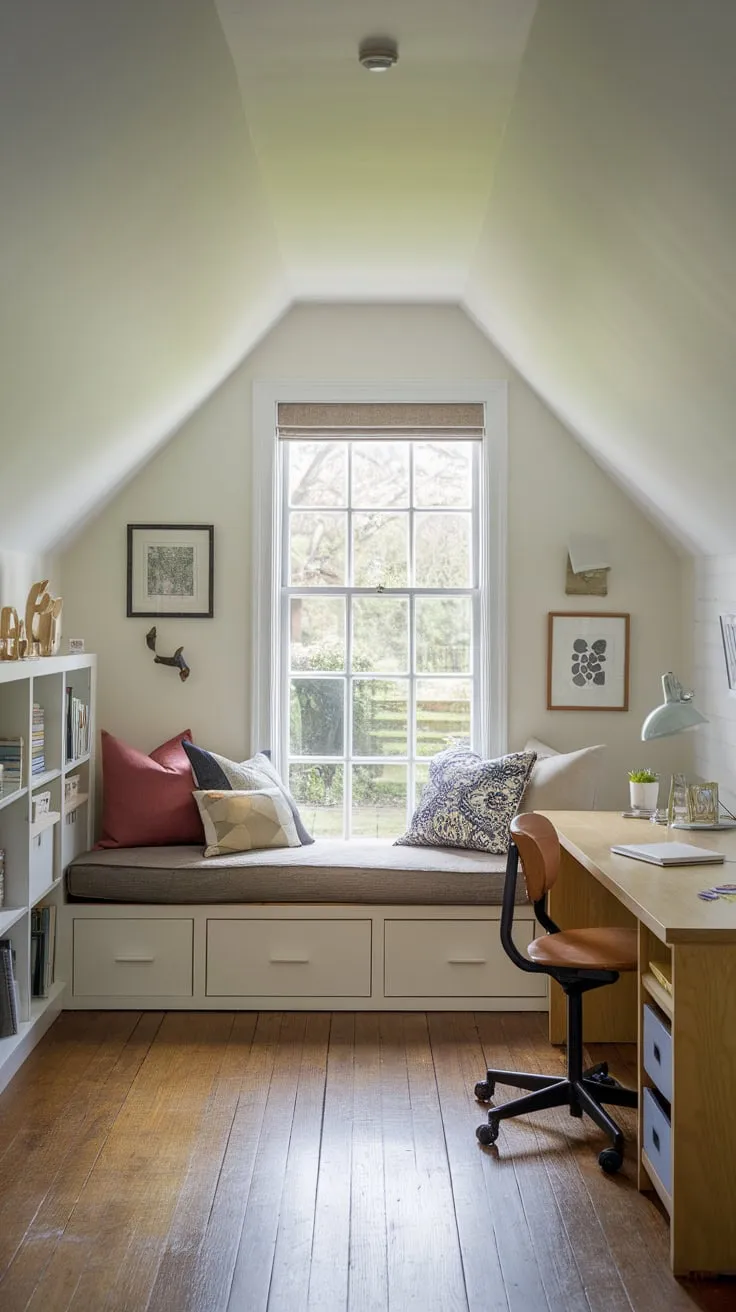 Maximize space in a small room with a versatile guest room playroom combo featuring a daybed, desk, and bookshelf, all bathed in natural light from a garden-view window.