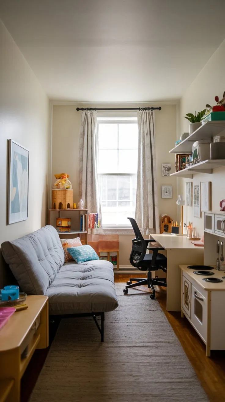 Transform a small space into a versatile guest room, playroom, and office with a multifunctional design featuring a futon, desk, and toys.