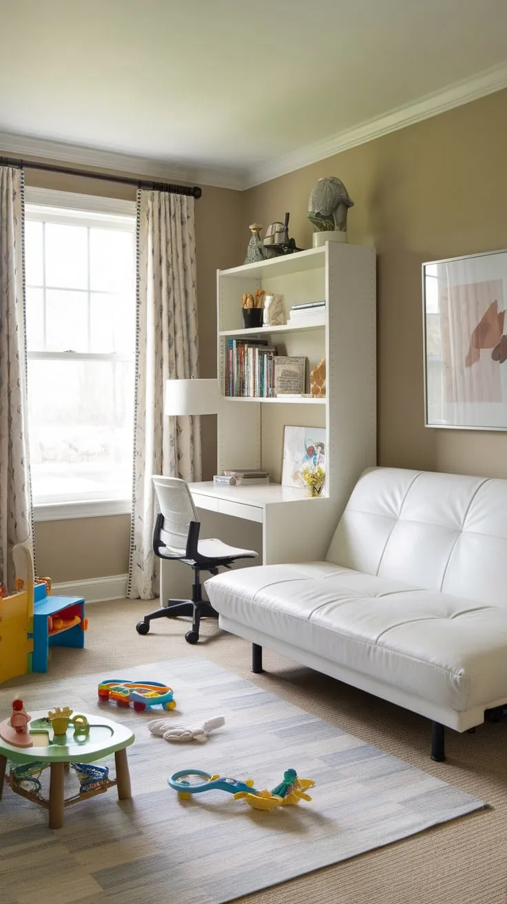 A cozy beige room cleverly combines guest accommodations with a child's play space featuring a futon, desk, and dedicated play area.