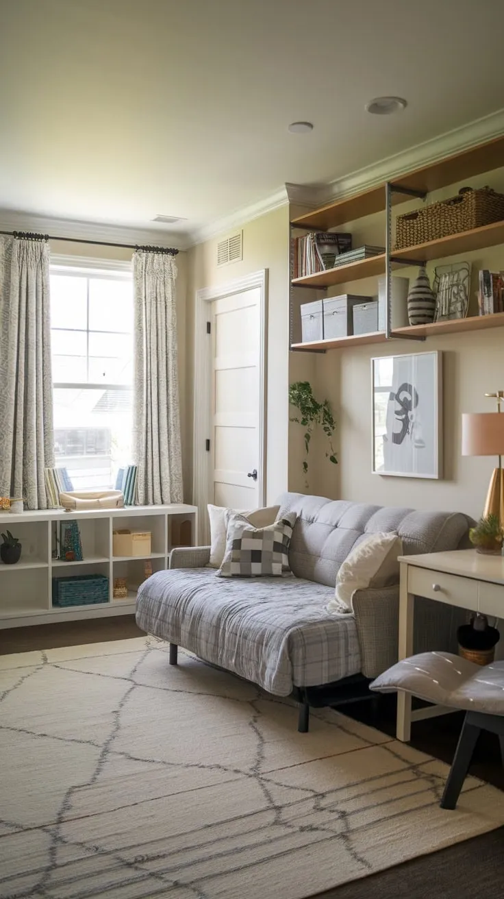 Transform a spare bedroom into a versatile guest room playroom combo featuring a futon, desk, and bookshelf, perfect for both overnight guests and playtime.