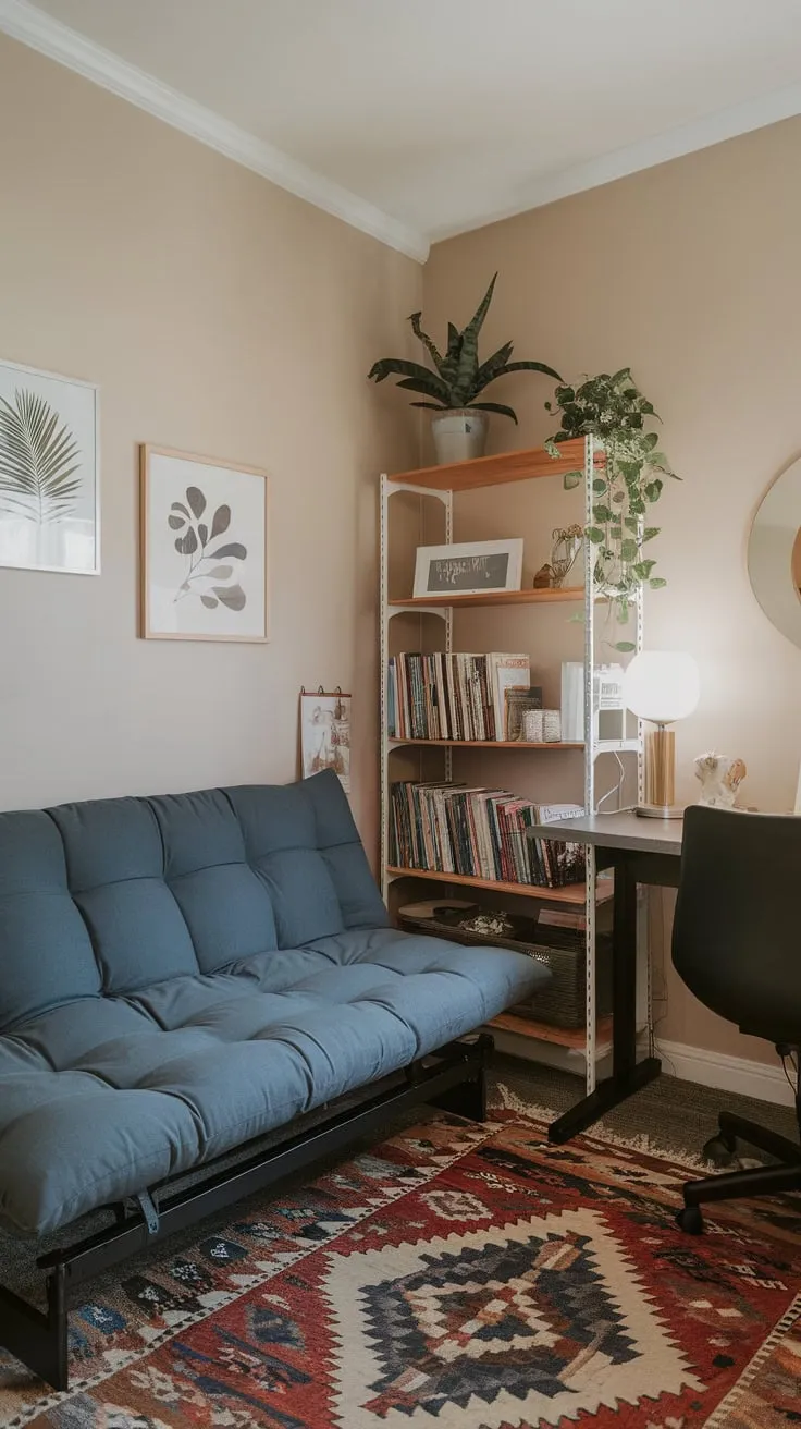 A cozy beige room cleverly combines guest sleeping space with a functional play area using a futon and desk setup.