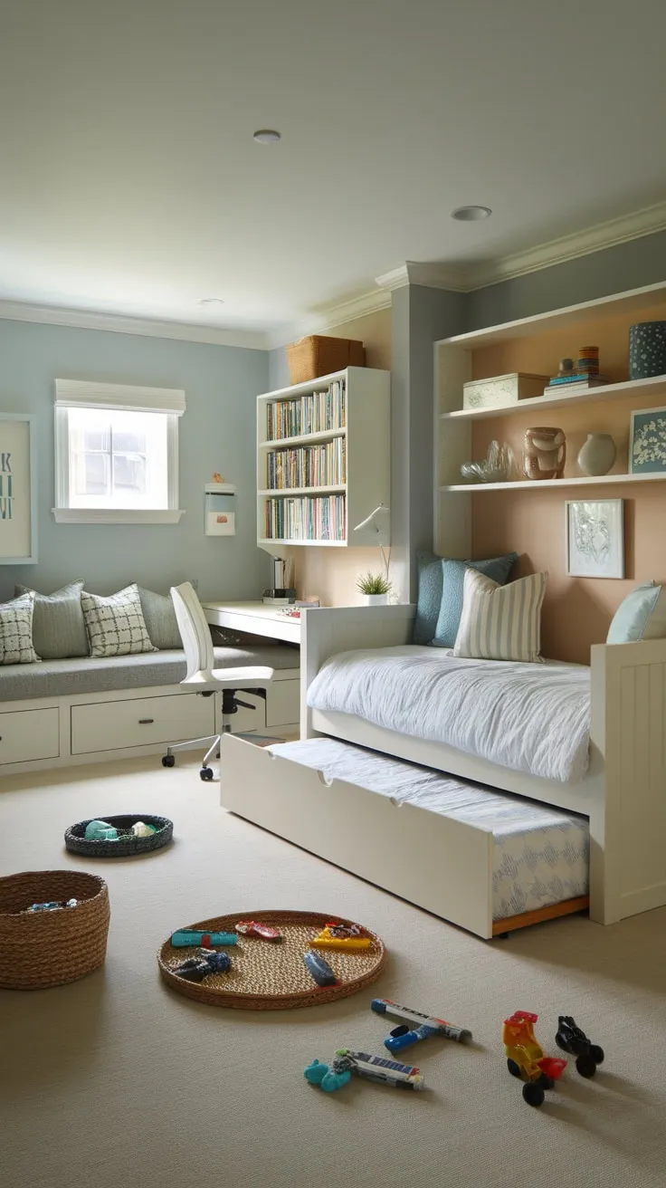 A calming blue and beige guest room cleverly combines sleeping space with a playful area for kids, featuring a daybed, trundle, desk, and bookshelf.