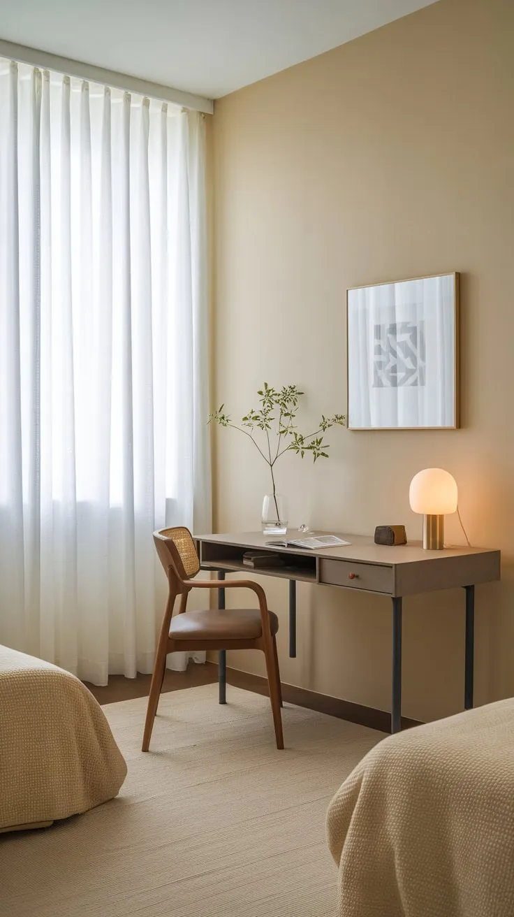 A minimalist beige guest room offers a twin bed, desk, and chair for comfortable and productive stays