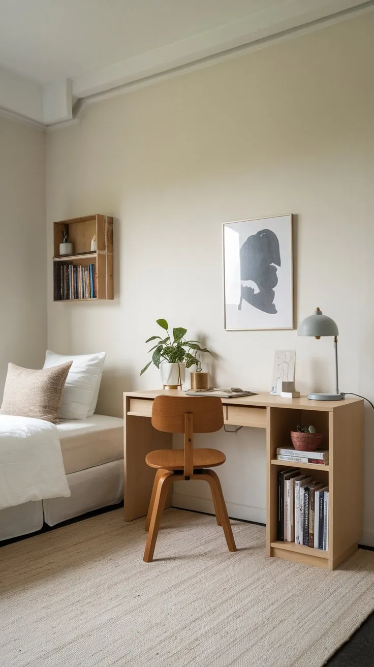 A minimalist guest room offers a twin bed, workspace with desk and chair, and calming décor.