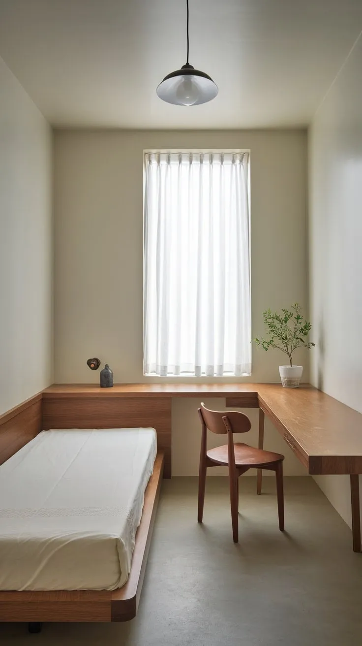 A serene white guest room features a twin bed, desk, and small plant creating a simple yet functional space.