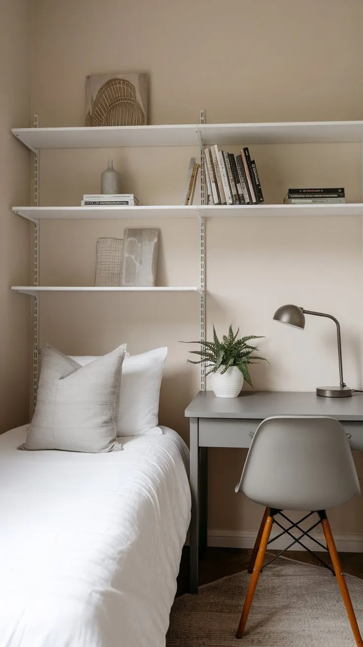 A minimalist beige guest room offers a twin bed, gray desk, and bookshelf for comfortable and productive stays