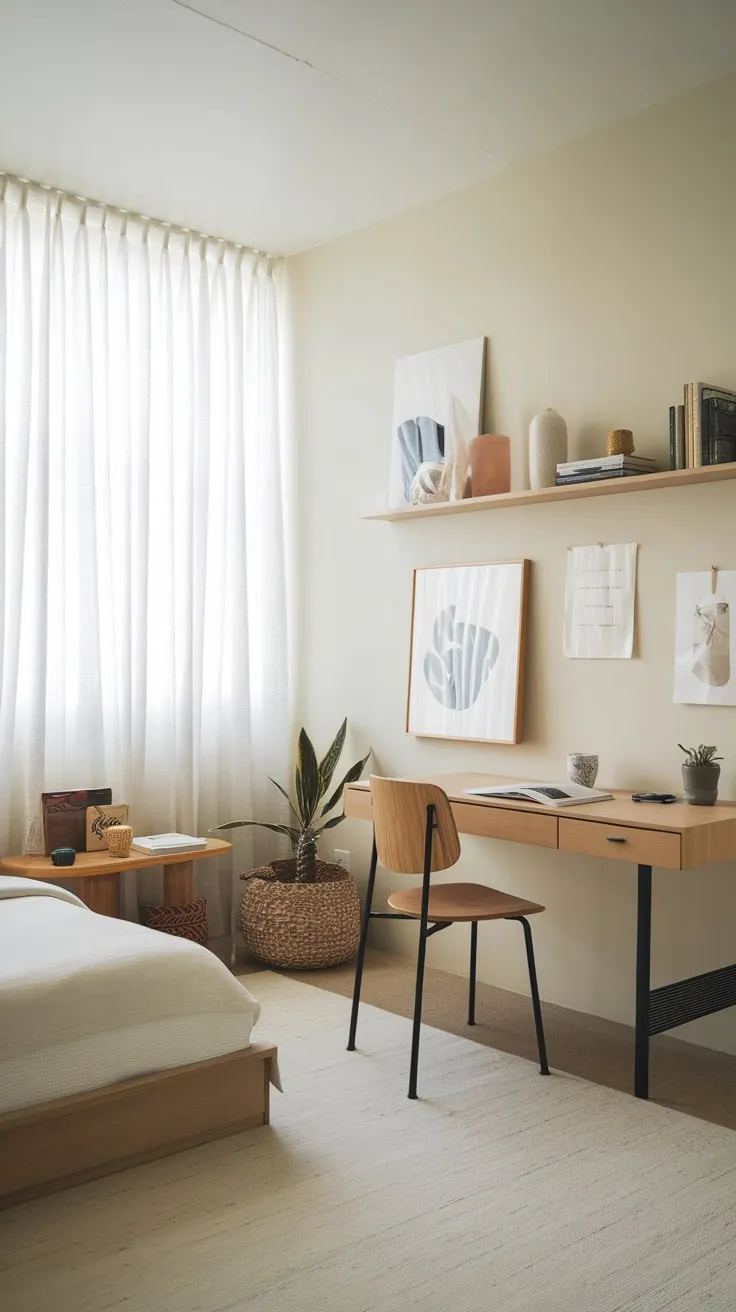 A minimalist guest room offers a tranquil workspace with a twin bed, desk, and chair, bathed in natural light.