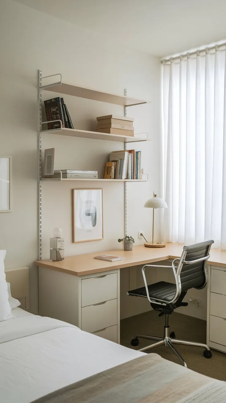 A serene white guest room features a twin bed and a practical desk area perfect for working or studying.