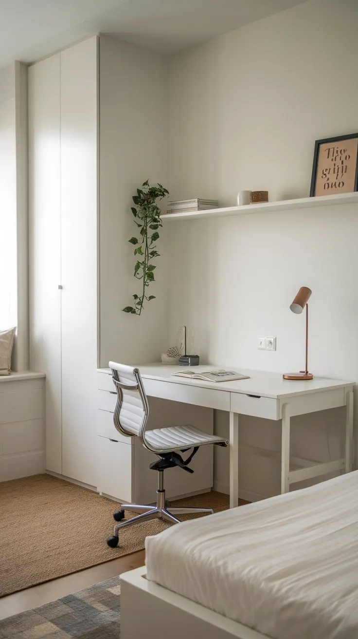 A serene minimalist guest room features a twin bed and a desk perfect for guests needing both rest and workspace.